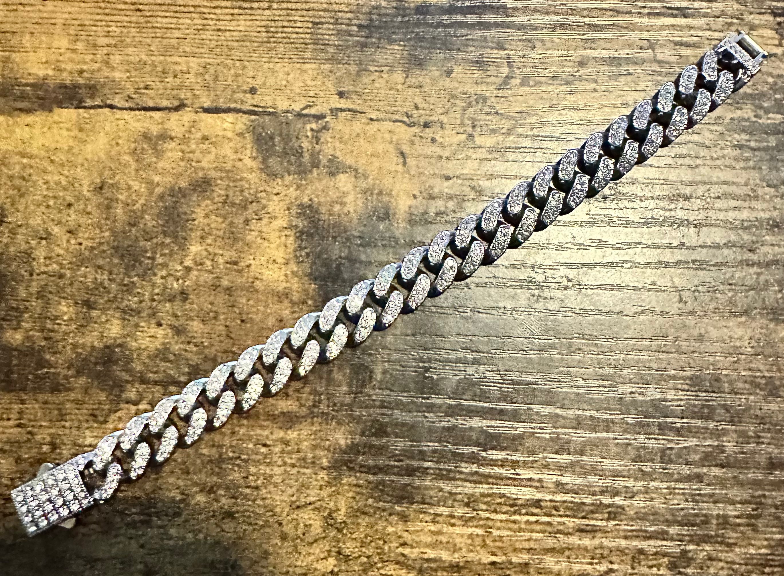 7" Mens White Gold Plated Stainless SteeI Two Prong Iced CZ Out Cuban Link Bracelet ChainO