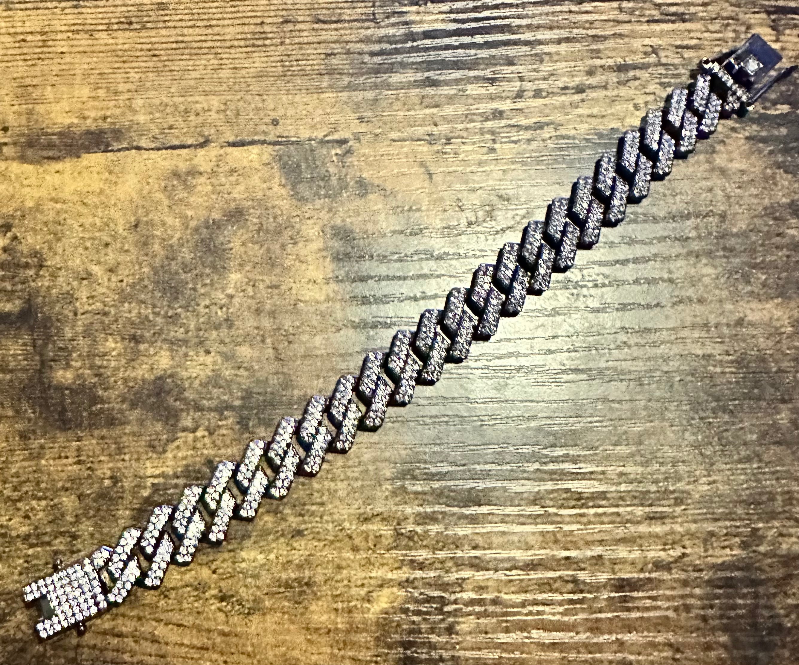 8" Black  Mens Iced CZ Out White Gold Plated Stainless Steel Miami Cuban Link Bracelet