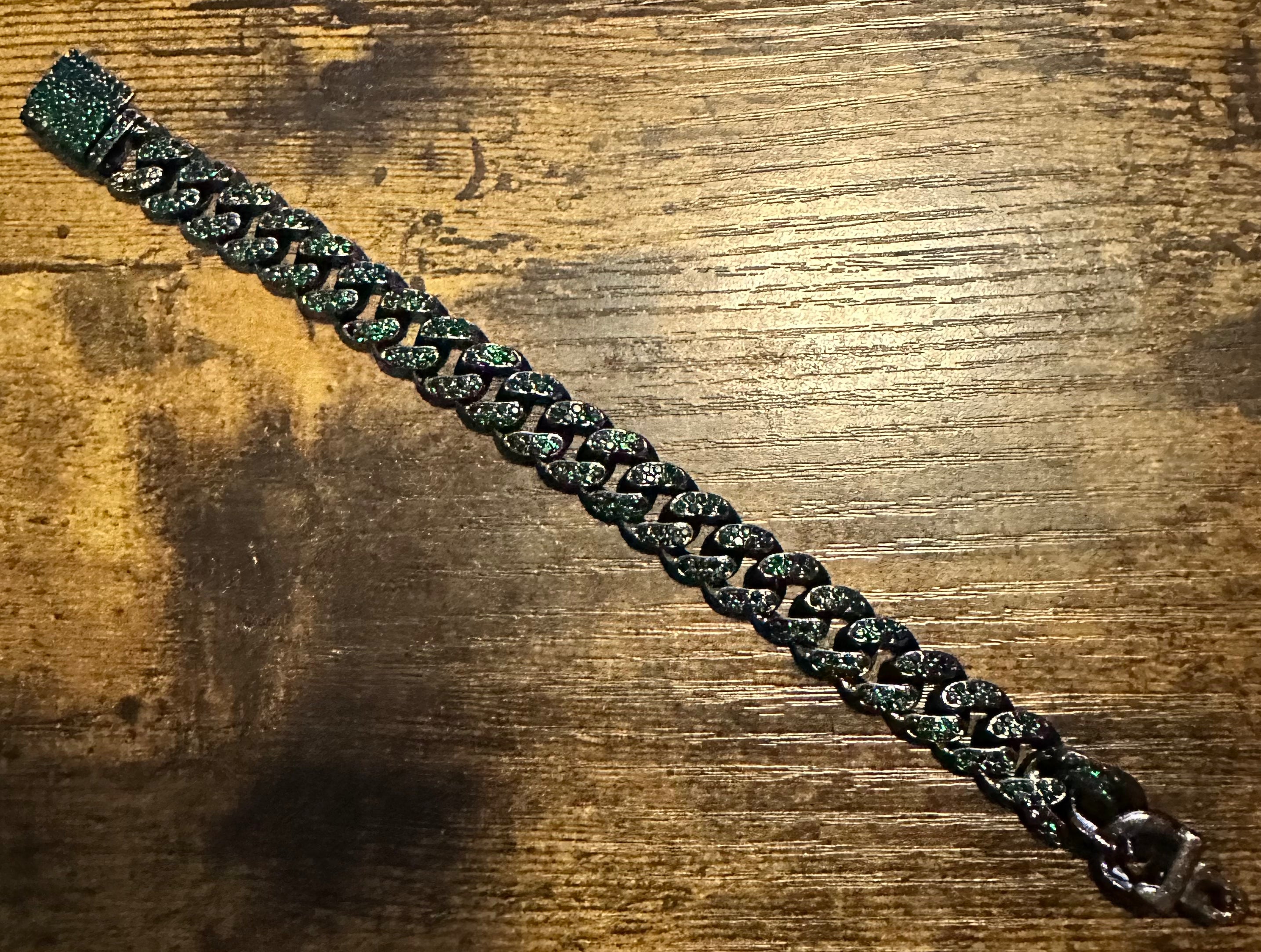 7" Mens Green Stainless SteeI Two Prong Iced CZ Out Cuban Link Bracelet Chain